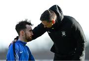 31 October 2020; Athlone Town manager Adrian Carberry speaks with Dean George of Athlone Town prior to the Extra.ie FAI Cup Quarter-Final match between Athlone Town and Shelbourne at the Athlone Town Stadium in Athlone, Westmeath. Photo by Harry Murphy/Sportsfile