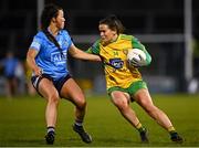 31 October 2020; Geraldine McLaughlin of Donegal in action against Leah Caffrey of Dublin during the TG4 All-Ireland Senior Ladies Football Championship Round 1 match between Dublin and Donegal at Kingspan Breffni Park in Cavan. Photo by Seb Daly/Sportsfile