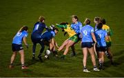 31 October 2020; Nicole Gordon of Donegal shoots to score her side's first goal of the game despite being under pressure from several Dublin players during the TG4 All-Ireland Senior Ladies Football Championship Round 1 match between Dublin and Donegal at Kingspan Breffni Park in Cavan. Photo by Seb Daly/Sportsfile