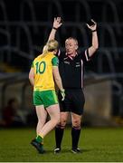 31 October 2020; Referee Brendan Rice explains a decision to Karen Guthrie of Donegal during the TG4 All-Ireland Senior Ladies Football Championship Round 1 match between Dublin and Donegal at Kingspan Breffni Park in Cavan. Photo by Seb Daly/Sportsfile
