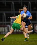 31 October 2020; Sinead Goldrick of Dublin in action against Evelyn McGinley of Donegal during the TG4 All-Ireland Senior Ladies Football Championship Round 1 match between Dublin and Donegal at Kingspan Breffni Park in Cavan. Photo by Seb Daly/Sportsfile