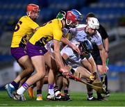 31 October 2020; Seán Loftus of Galway, supported by team-mates Conor Cooney and Gearóid McInerney, wins possession ahead of Paudie Foley and Paul Morris of Wexford, left, during the Leinster GAA Hurling Senior Championship Semi-Final match between Galway and Wexford at Croke Park in Dublin. Photo by Ray McManus/Sportsfile