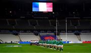 31 October 2020; The Ireland team stand for the national anthems prior to the Guinness Six Nations Rugby Championship match between France and Ireland at Stade de France in Paris, France. Photo by Sportsfile
