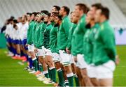 31 October 2020; The Ireland team stand for the national anthems prior to the Guinness Six Nations Rugby Championship match between France and Ireland at Stade de France in Paris, France. Photo by Sportsfile