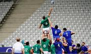 31 October 2020; Caelan Doris of Ireland wins a lineout ahead of Francois Cros of France in front of empty stands during the Guinness Six Nations Rugby Championship match between France and Ireland at Stade de France in Paris, France. Photo by Sportsfile