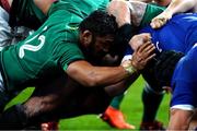 31 October 2020; Bundee Aki of Ireland takes his place in a scrum as a replacement for team-mate Caelan Doris, who was shown a yellow card, during the Guinness Six Nations Rugby Championship match between France and Ireland at Stade de France in Paris, France. Photo by Sportsfile