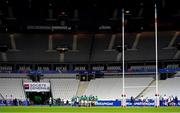 31 October 2020; Ireland players huddle in an empty stadium after France scored a try during the Guinness Six Nations Rugby Championship match between France and Ireland at Stade de France in Paris, France. Photo by Sportsfile