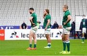 31 October 2020; Ireland players, from left, Robbie Henshaw, Finlay Bealham and Jacob Stockdale after the Guinness Six Nations Rugby Championship match between France and Ireland at Stade de France in Paris, France. Photo by Sportsfile