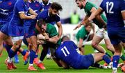 31 October 2020; Chris Farrell of Ireland is tackled by Romain N'Tamack and Gael Fickou of France during the Guinness Six Nations Rugby Championship match between France and Ireland at Stade de France in Paris, France. Photo by Sportsfile