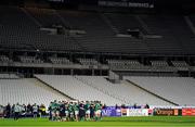 31 October 2020; The Ireland team huddle in an empty stadium after the Guinness Six Nations Rugby Championship match between France and Ireland at Stade de France in Paris, France. Photo by Sportsfile