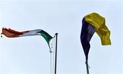 1 November 2020; The Irish Tricolour and the Wexford flag fly in swirling wind before the Leinster GAA Football Senior Championship Round 1 match between Wexford and Wicklow at Chadwicks Wexford Park in Wexford. Photo by Piaras Ó Mídheach/Sportsfile
