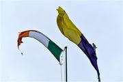 1 November 2020; The Irish Tricolour and the Wexford flag fly in swirling wind before the Leinster GAA Football Senior Championship Round 1 match between Wexford and Wicklow at Chadwicks Wexford Park in Wexford. Photo by Piaras Ó Mídheach/Sportsfile