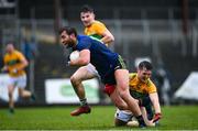 1 November 2020; Aidan O'Shea of Mayo is tackled by Oisin Mac Cafraigh of Leitrim during the Connacht GAA Football Senior Championship Quarter-Final match between Leitrim and Mayo at Avantcard Páirc Sean Mac Diarmada in Carrick-on-Shannon, Leitrim. Photo by Ramsey Cardy/Sportsfile