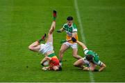 1 November 2020; Paul Broderick of Carlow in action against Ruairi McNamee, centre, and Anton Sullivan of Offaly during the Leinster GAA Football Senior Championship Round 1 match between Offaly and Carlow at Bord na Mona O'Connor Park in Tullamore, Offaly. Photo by Seb Daly/Sportsfile