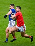 1 November 2020; Eoghan Callaghan of Louth is tackled by Joseph Hagan of Longford during the Leinster GAA Football Senior Championship Round 1 match between Louth and Longford at TEG Cusack Park in Mullingar, Westmeath. Photo by Eóin Noonan/Sportsfile