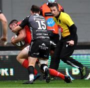 1 November 2020; Matt Gallagher of Munster beats the tackle of Josh Lewis of Dragons to score a try during the Guinness PRO14 match between Dragons and Munster at Rodney Parade in Newport, Wales. Photo by Ben Evans/Sportsfile