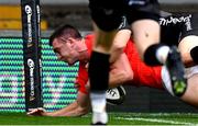 1 November 2020; Matt Gallagher of Munster dives over to score a try during the Guinness PRO14 match between Dragons and Munster at Rodney Parade in Newport, Wales. Photo by Ben Evans/Sportsfile