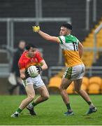 1 November 2020; Jamie Clarke of Carlow in action against Ruairi McNamee of Offaly during the Leinster GAA Football Senior Championship Round 1 match between Offaly and Carlow at Bord na Mona O'Connor Park in Tullamore, Offaly. Photo by Seb Daly/Sportsfile