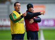 1 November 2020; Carlow manager Niall Carew, right, and coach Ger Brennan during the Leinster GAA Football Senior Championship Round 1 match between Offaly and Carlow at Bord na Mona O'Connor Park in Tullamore, Offaly. Photo by Seb Daly/Sportsfile