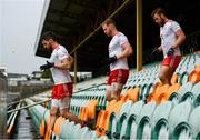 1 November 2020; Tyrone players, from left, Matthew Donnelly, Frank Burns and Michael O'Neill of Tyrone walk out for the second half during the Ulster GAA Football Senior Championship Quarter-Final match between Donegal and Tyrone at Pairc MacCumhaill in Ballybofey, Donegal. Photo by Harry Murphy/Sportsfile