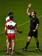 1 November 2020; Derry players remonstrate with a decision given by referee Sean Hurson during the Ulster GAA Football Senior Championship Quarter-Final match between Derry and Armagh at Celtic Park in Derry. Photo by David Fitzgerald/Sportsfile