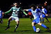 1 November 2020; Dean Williams of Shamrock Rovers in action against Barry McNamee of Finn Harps during the SSE Airtricity League Premier Division match between Finn Harps and Shamrock Rovers at Finn Park in Ballybofey, Donegal. Photo by Stephen McCarthy/Sportsfile