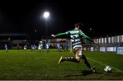 1 November 2020; Dylan Watts of Shamrock Rovers takes a corner kick during the SSE Airtricity League Premier Division match between Finn Harps and Shamrock Rovers at Finn Park in Ballybofey, Donegal. Photo by Stephen McCarthy/Sportsfile