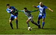 1 November 2020; Dean Williams of Shamrock Rovers in action against Gareth Harkin, left, and Mark Coyle of Finn Harps during the SSE Airtricity League Premier Division match between Finn Harps and Shamrock Rovers at Finn Park in Ballybofey, Donegal. Photo by Stephen McCarthy/Sportsfile