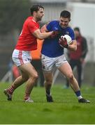 1 November 2020; Robbie Smyth of Longford in action against Dermot Campbell of Louth during the Leinster GAA Football Senior Championship Round 1 match between Louth and Longford at TEG Cusack Park in Mullingar, Westmeath. Photo by Eóin Noonan/Sportsfile