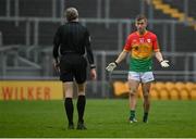 1 November 2020; Darragh O’Brien of Carlow remonstrates with referee Fergal Kelly during the Leinster GAA Football Senior Championship Round 1 match between Offaly and Carlow at Bord na Mona O'Connor Park in Tullamore, Offaly. Photo by Seb Daly/Sportsfile