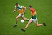 1 November 2020; Seán Gannon of Carlow in action against Jordan Hayes of Offaly during the Leinster GAA Football Senior Championship Round 1 match between Offaly and Carlow at Bord na Mona O'Connor Park in Tullamore, Offaly. Photo by Seb Daly/Sportsfile