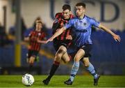 31 October 2020; Callum Warfield of Longford Town in action against Harry McEvoy of UCD  during the SSE Airtricity League First Division Play-off Semi-Final match between UCD and Longford Town at the UCD Bowl in Belfield, Dublin. Photo by Sam Barnes/Sportsfile