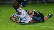 2 November 2020; Michael Lowry of Ulster scores his side's first try during the Guinness PRO14 match between Cardiff Blues and Ulster at Rodney Parade in Newport, Wales. Photo by Gareth Everett/Sportsfile