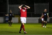 1 November 2020; Jordan Gibson of St Patrick's Athletic reacts to a missed chance during the SSE Airtricity League Premier Division match between St. Patrick's Athletic and Dundalk at Richmond Park in Dublin. Photo by Michael P Ryan/Sportsfile