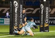 2 November 2020: Jimmy O'Brien of Leinster scores his side's first try during the Guinness PRO14 match between Glasgow Warriors and Leinster at Scotstoun Stadium in Glasgow, Scotland. Photo by Ross Parker/Sportsfile