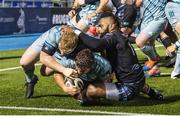 2 November 2020; Scott Penny of Leinster, supported by team-mate James Tracy, goes over to score his side's third try during the Guinness PRO14 match between Glasgow Warriors and Leinster at Scotstoun Stadium in Glasgow, Scotland. Photo by Ross Parker/Sportsfile