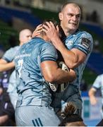 2 November 2020; Scott Penny, left, of Leinster celebrates with team-mate Rhys Ruddock after scoring his side's third try during the Guinness PRO14 match between Glasgow Warriors and Leinster at Scotstoun Stadium in Glasgow, Scotland. Photo by Ross Parker/Sportsfile