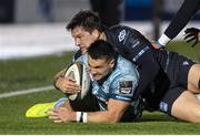 2 November 2020; Cian Kelleher of Leinster is tackled by Sam Johnson of Glasgow Warriors during the Guinness PRO14 match between Glasgow Warriors and Leinster at Scotstoun Stadium in Glasgow, Scotland. Photo by Ross Parker/Sportsfile