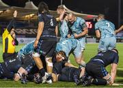 2 November 2020; Rhys Ruddock, centre, of Leinster celebrates after team-mate Michael Bent scored their side's fourth try during the Guinness PRO14 match between Glasgow Warriors and Leinster at Scotstoun Stadium in Glasgow, Scotland. Photo by Ross Parker/Sportsfile