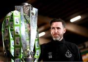 4 November 2020; Shamrock Rovers manager Stephen Bradley with the SSE Airtricity League Premier Division trophy prior to the SSE Airtricity League Premier Division match between Shamrock Rovers and St Patrick's Athletic at Tallaght Stadium in Dublin. Photo by Stephen McCarthy/Sportsfile