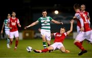4 November 2020; Aaron McEneff of Shamrock Rovers is tackled by Jamie Lennon of St Patrick's Athletic during the SSE Airtricity League Premier Division match between Shamrock Rovers and St Patrick's Athletic at Tallaght Stadium in Dublin. Photo by Stephen McCarthy/Sportsfile