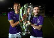 4 November 2020; Shamrock Rovers players Jack Byrne, right, and Graham Burke celebrate after being presented with the SSE Airtricity League Premier Division trophy following their match against St Patrick's Athletic at Tallaght Stadium in Dublin. Photo by Stephen McCarthy/Sportsfile