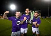 4 November 2020; Shamrock Rovers players, from left, Jack Byrne, Lee Grace and Greg Bolger celebrate after being presented with the SSE Airtricity League Premier Division trophy following their match against St Patrick's Athletic at Tallaght Stadium in Dublin. Photo by Stephen McCarthy/Sportsfile