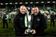 4 November 2020; Shamrock Rovers coach Glenn Cronin, left, and Shamrock Rovers strength & conditioning coach Darren Dillon celebrate after their side were presented with the SSE Airtricity League Premier Division trophy following their match against St Patrick's Athletic at Tallaght Stadium in Dublin. Photo by Stephen McCarthy/Sportsfile