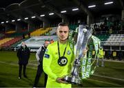 4 November 2020; Leon Pöhls of Shamrock Rovers celebrates after being presented with the SSE Airtricity League Premier Division trophy following their match against St Patrick's Athletic at Tallaght Stadium in Dublin. Photo by Stephen McCarthy/Sportsfile