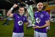 4 November 2020; Shamrock Rovers players Aaron McEneff, left, and Joey O'Brien celebrate after being presented with the SSE Airtricity League Premier Division trophy following their match against St Patrick's Athletic at Tallaght Stadium in Dublin. Photo by Stephen McCarthy/Sportsfile