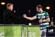 4 November 2020; Rory Gaffney is presented with his league winners medal by Shamrock Rovers captain Ronan Finn following the SSE Airtricity League Premier Division match between Shamrock Rovers and St Patrick's Athletic at Tallaght Stadium in Dublin. Photo by Stephen McCarthy/Sportsfile