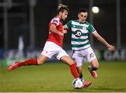 4 November 2020; Billy King of St Patrick's Athletic in action against Aaron McEneff of Shamrock Rovers during the SSE Airtricity League Premier Division match between Shamrock Rovers and St Patrick's Athletic at Tallaght Stadium in Dublin. Photo by Stephen McCarthy/Sportsfile