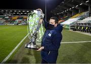 4 November 2020; John McGuinness, SSE Airtricity League Marketing Executive, places the trophy on a plinth prior to the SSE Airtricity League Premier Division match between Shamrock Rovers and St Patrick's Athletic at Tallaght Stadium in Dublin. Photo by Stephen McCarthy/Sportsfile