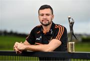 5 November 2020; PwC GAA/GPA Footballer of the Month for October, Conor McKenna of Tyrone, with his award at his home club Eglish GAA in Eglish, Tyrone. Photo by Seb Daly/Sportsfile